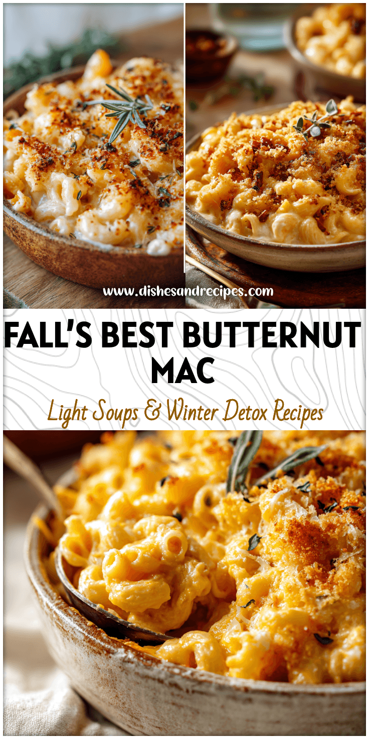 Close-up of Roasted Butternut Squash Mac And Cheese served in a rustic dish with golden topping.